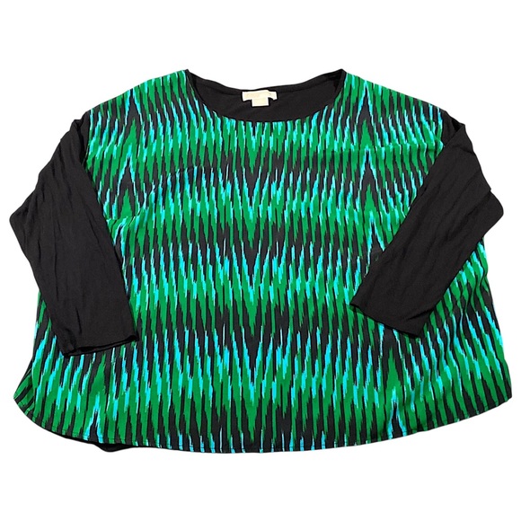 Michael Kors Top Womens 3X Green Black Abstract Ikat Print Boho Artsy Blouse - Picture 1 of 10